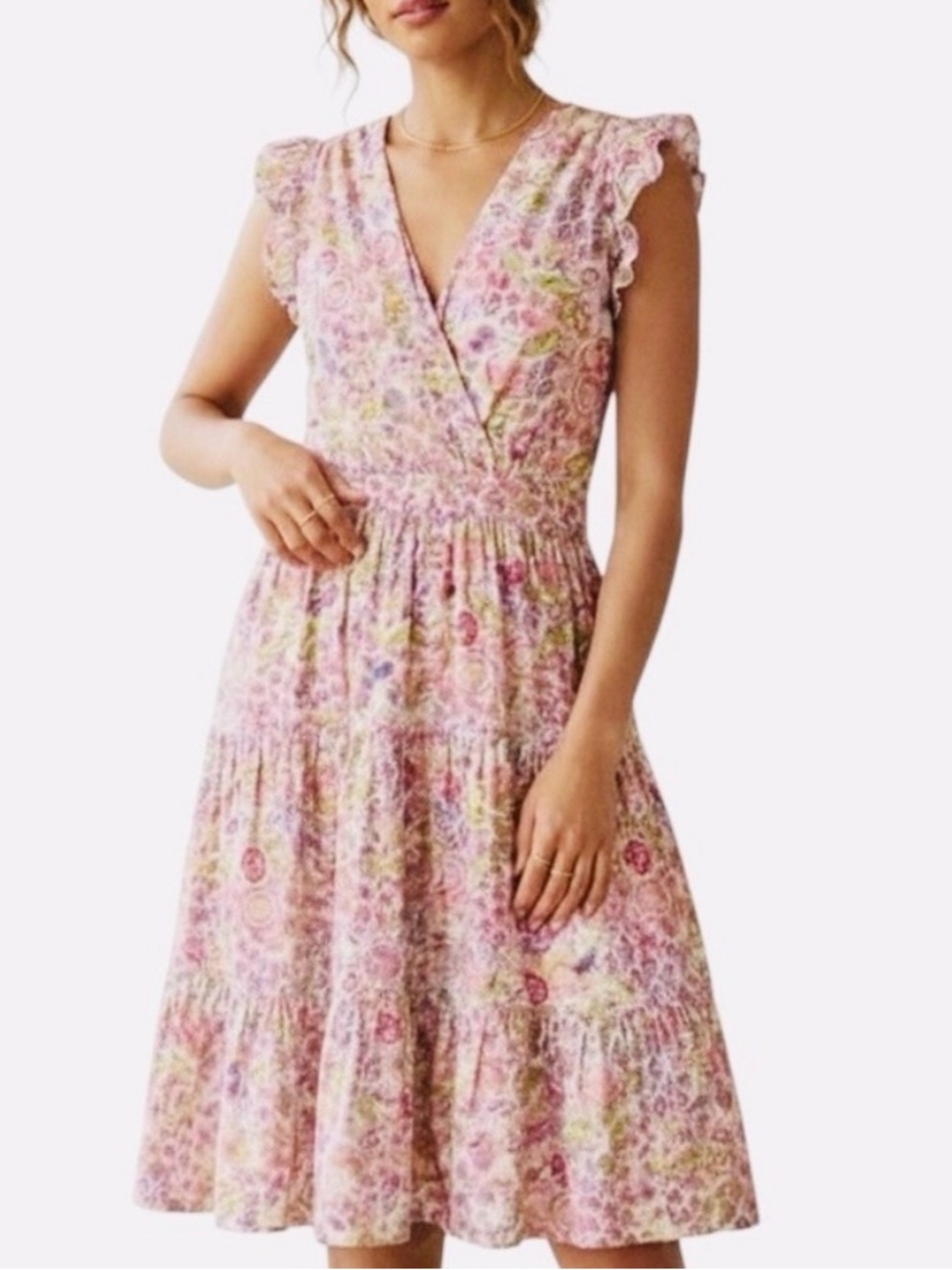 Taylor Flutter Sleeve Pink Floral Cotton Dress S Tiered Skirt Garden Party